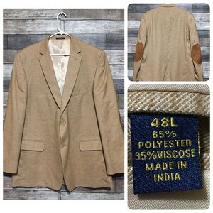 Club Room Herringbone Elbow Patch Blazer Men’s 48L Tan 2 Button Polyester Blend